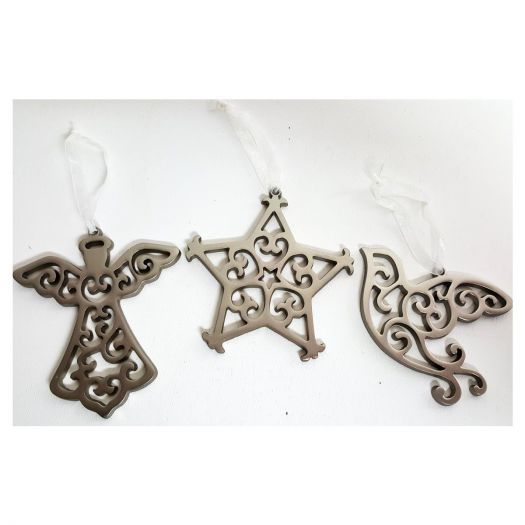 Living Quarters Pewter Ornaments Set of 3 Scroll Design Angel Star Dove