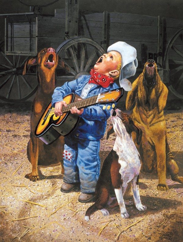 Singing Cowboy- 500 Piece Boy Singing With Dogs Jigsaw Puzzle By Sunsout Artist Don Crook