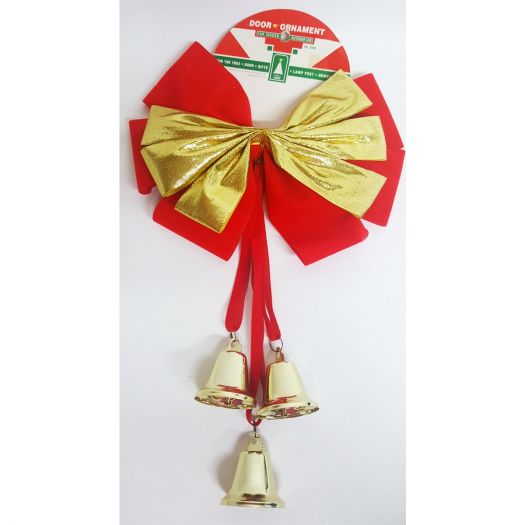 Trim A home Door Ornament Indoor/Outdoor - 3 Gold Bells On Red & Gold Ribbon