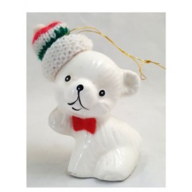 Vintage White Ceramic Bear With Knit Cap Ornament