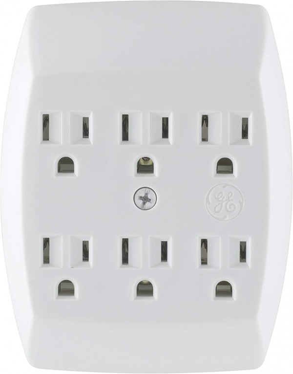 GE 6 Outlet Adapter, 3 Prong Outlets, Grounded, Wall Charger, Charging Station, White, 54947