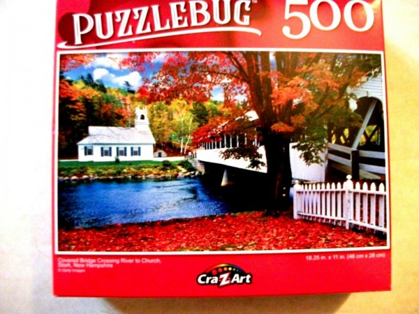 Cra-Z-Art Puzzlebug 500 Piece Jigsaw Puzzle - Covered Bridge Crossing River To Church