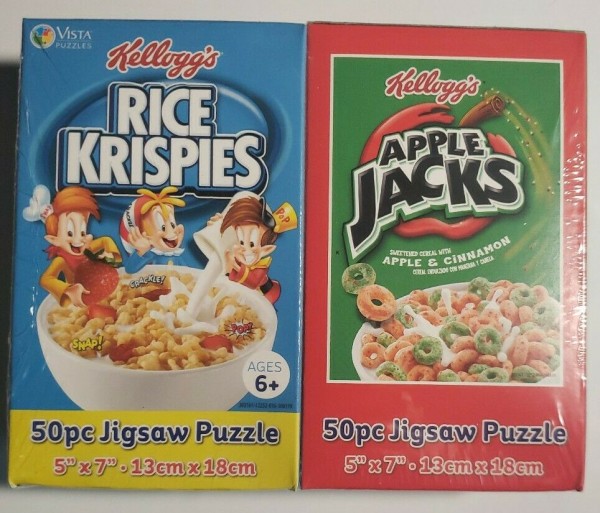 2 X Kellogg’s 50 Pieces Per Jigsaw Puzzles Apple Jacks & Rice Krispies 5" x 7"