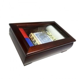 Wood Box Etched Glass Desktop Poker Set - 2 Decks Cards, 80 Chips, 5 Poker Dice, 5 Standard Dice