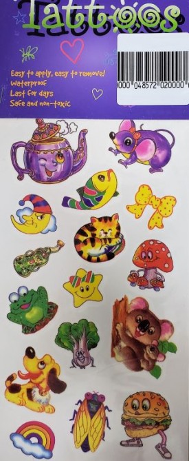 Children's 16 Temporary Tattoos - Teapot, Animals, Foods, Mad Moon, Star, Rainbow