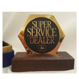 Vintage 1990S John Deere Super Service Dealer Solid Brass Desk Plaque With Wood Base
