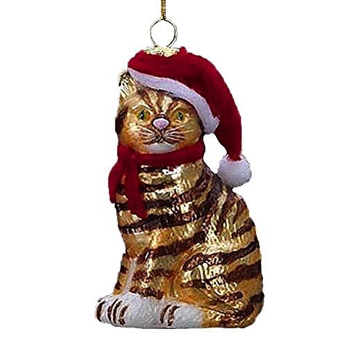 Kurt Adler Pet Parade Orange Tabby Cat w/ Santa Hat Glass Ornament
