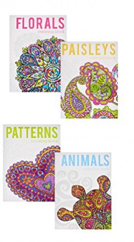 Set of four Adult Coloring Books: Flowers, Animals, Paisley, and Patterns - Stress Relieving - More than 100 images (some images are two pages) are either black and white or with background colors (Paperback)
