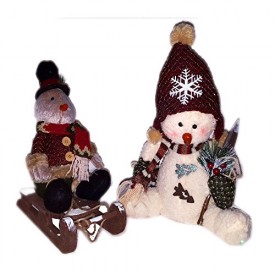 Set of Rustic Winter Holiday Sitting Snowman w/ Shovel & Bird On Sled Plushs 12 - 14