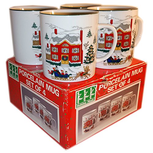 Vintage Christmas Village Mug, Set of 4