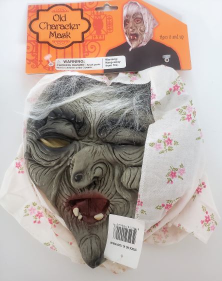 Scary Old Person Character Mask With Attached Headscarf