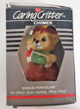 Vintage Jasco Caring Critter Chimer Porcelain Bell Ornament - Mother Baby Bear Knapsack