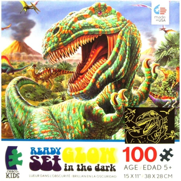 Ceaco Kids Ready Set Glow in The Dark Dinos with Volcanic Eruption Puzzle 100 Piece Glow in The Dark Puzzle