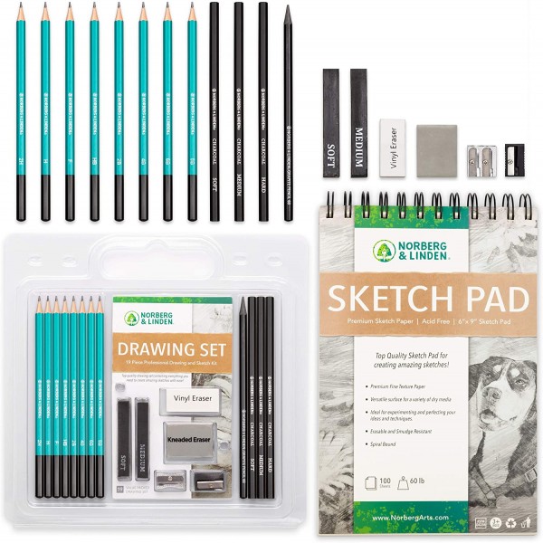 Drawing Set - Sketching and Charcoal Pencils - 100 Page Drawing Pad, Kneaded Eraser. Art Kit and Supplies for Kids, Teens and Adults, Sketch Set