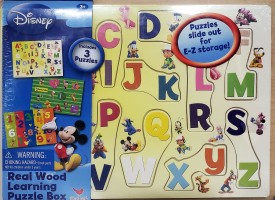 Disney Real Wood Learning Puzzle Box Includes 3 Puzzles - ABC's, Numbers, Shapes