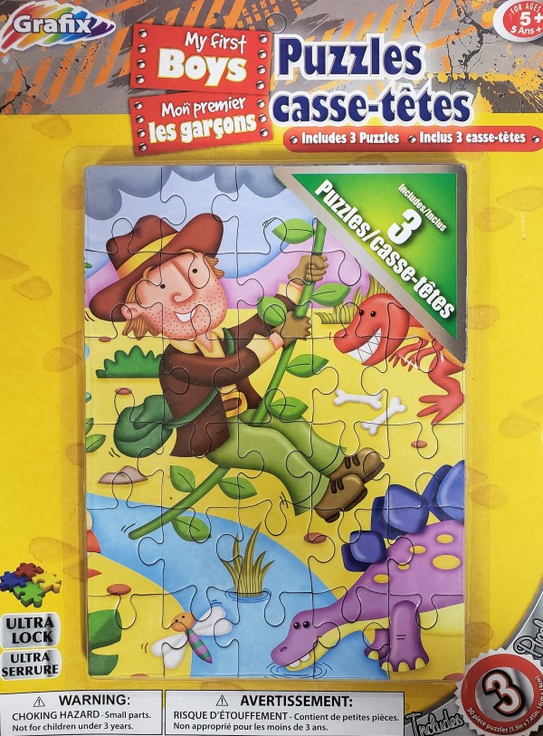 Grafix 3-pack of 30 Piece Puzzles - My First Boys: Building Site, Dinosaurs, & Farm