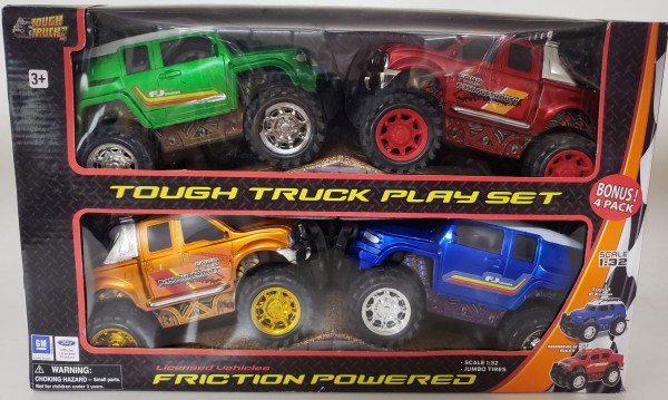 Tough Truck Friction Powered Play Set 4 Pack 1:32 Toyota FJ Cruiser, Ford F-350