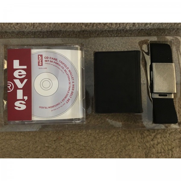 Levi's Mens 3 Piece Gift Set: CD Case, Trifold Black Leather Wallet & Web Belt