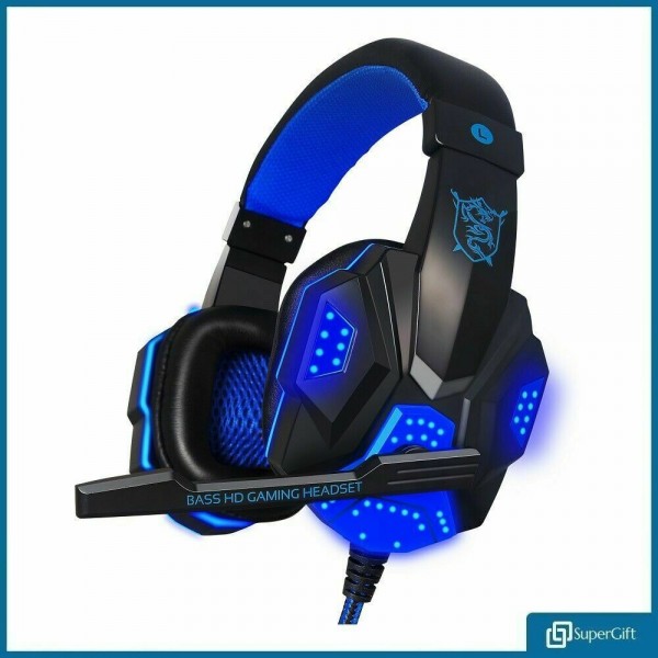 Gaming Headset USB 3.5mm Wired Over LED Headphones Stereo with Mic For Xbox One/PS4 PC (Blue)
