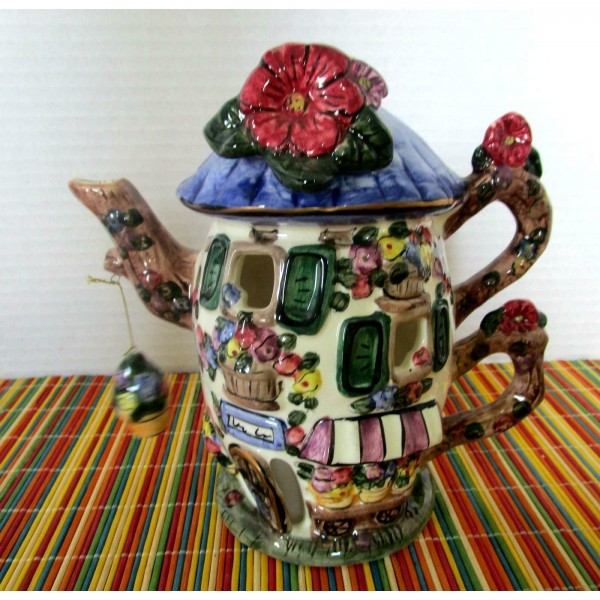 Elements Ceramic "Flower Shop" Tea Light Teapot Shaped House 8" High 4" Base