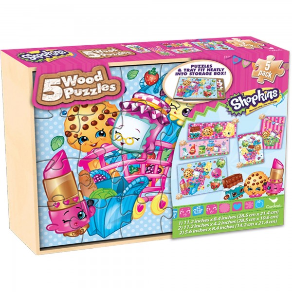Shopkins Kids 5-Pack Puzzle Set In Wood Storage Box