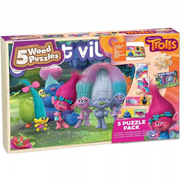 Trolls Kids 5-Pack Puzzle Set In Wood Storage Box