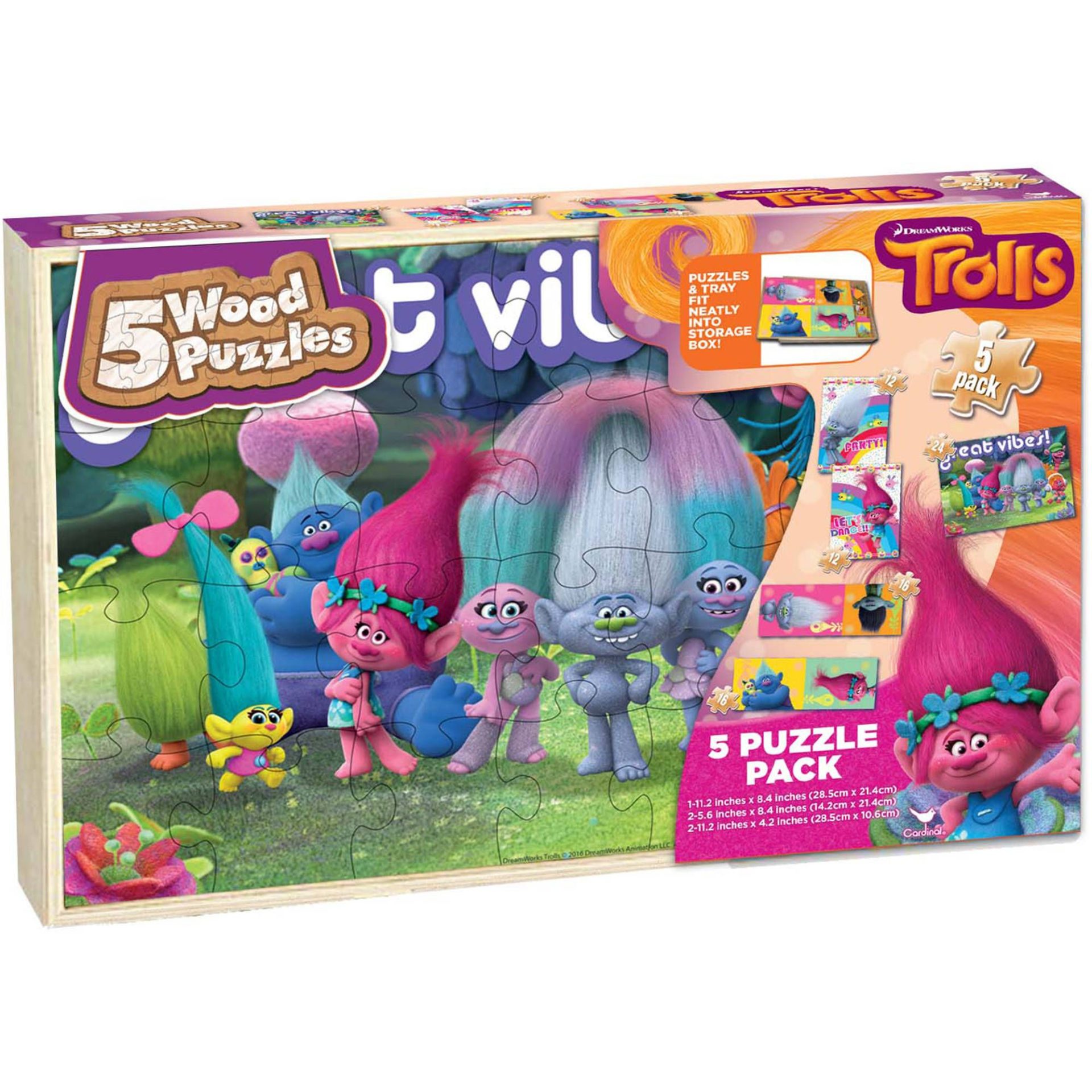 Trolls Kids 5-pack Puzzle Set In Wood Storage Box - Nokomis Bookstore 