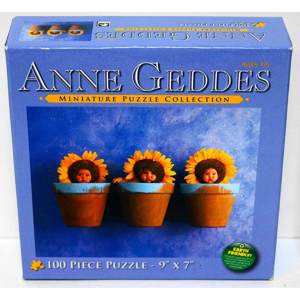 Anne Geddes, Miniature Puzzle Collection Item #7700-7 Sunflower Children in Garden Pots 100 Piece Jigsaw Puzzle 9" X 7"