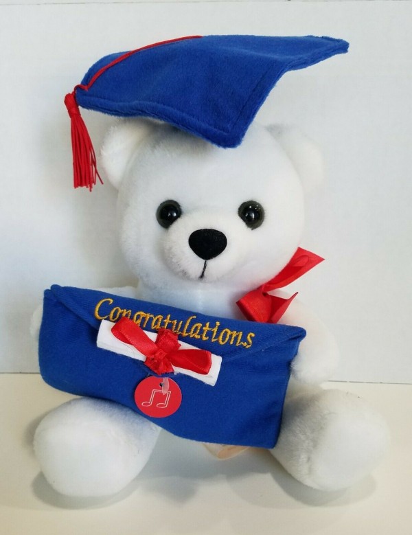 Graduation White Musical Bear with Money Holder "Congratulations" Blue Cap, Red Tassel 10-inch