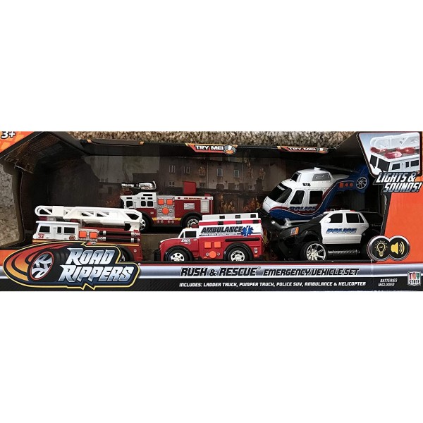 Road Rippers RUSH & RESCUE EMERGENCY VEHICLES Set w LIGHTS & SOUNDS & 5 ...