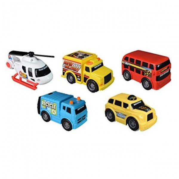 Road Rippers Transportation City Vehicles Play Set Taxi, Recycle Truck, Action News Helicopter