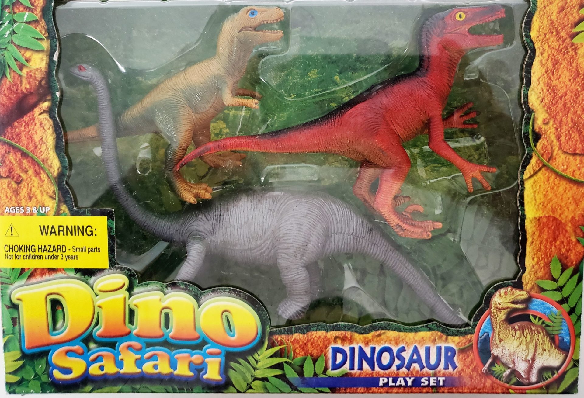 Dino Safari Dinosaur Playset Set of 3 Raptor, Brontosaurus, T-Rex ...