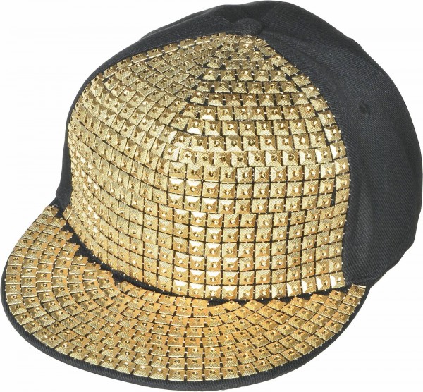 Gold Studded Hip Hop Hat Adult One Size Black Flat Brim Hat Covered Gold Studs