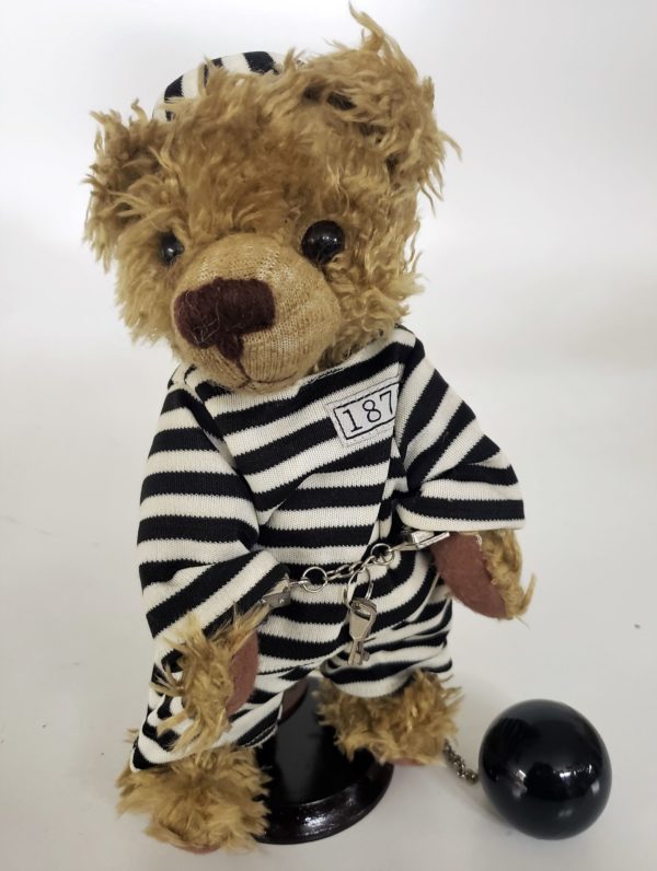 10" Genuine Handmade Teddy Bear Prisoner Ball & Chain Black White Striped Prison Outfit By Pieces of History