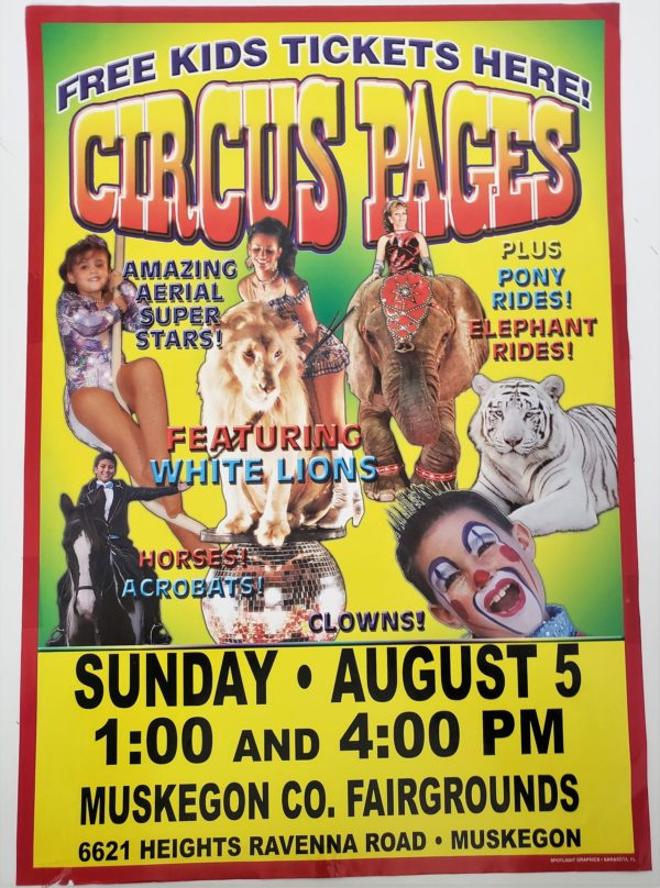 Original Vintage Retro Circus Poster - Circus Pages Feat. White Lions Muskegon, MI