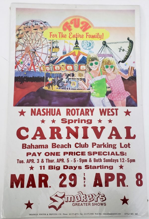 Original Vintage Retro Circus Poster - Nashua Rotary West Spring Carnival Bahama Beach Club Smokey's Greater Shows