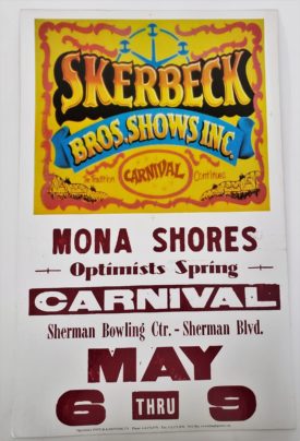 Original Retro Circus Poster - Skerbeck Bros. Shows Inc. Mona Shores Optimists Spring Carnival Sherman Bowling Center