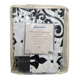 McLeland Design Cordova White Black Damask Flower Floral 5 Piece Shower Curtain Set