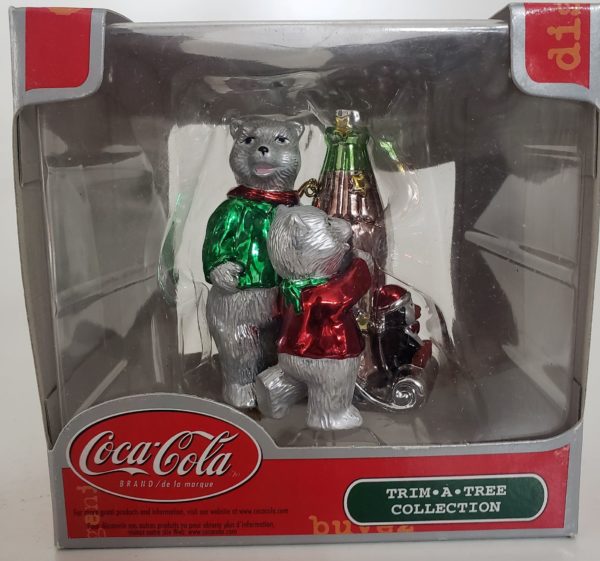 Rare Coca-Cola Trim A Tree Polar Bear Family And Penguin On Coke Sled Ornament 3"
