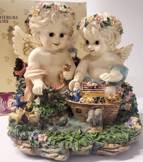 Classic Treasures Twin Cherubs Sculpture Noah's Ark Musical Figurine Plays "I'd Like To Teach The World To Sing"