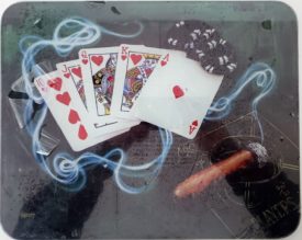 Michael Godard ROYAL FLUSH Las Vegas Gambling Poker Cigar Art Glass Cutting Board 12 x 15
