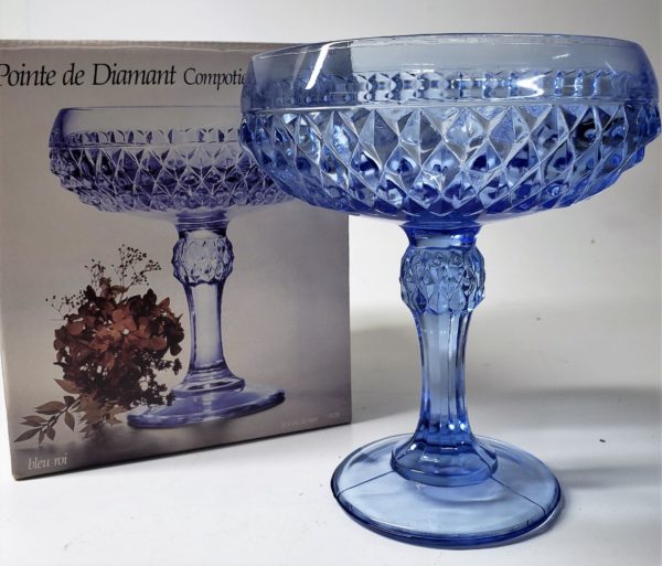 Indiana Glass Diamond Point Tall Footed Compote Bowl Regal Blue Glass 7.5"