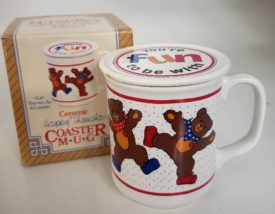 Vintage Ceramic Happy Thoughts Coaster Mug Set - Dancing Bears Coffee Mug w/ Lid