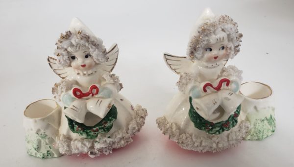 Vintage 1950s Commodore Spaghetti Porcelain Angel Candle Holders Japan