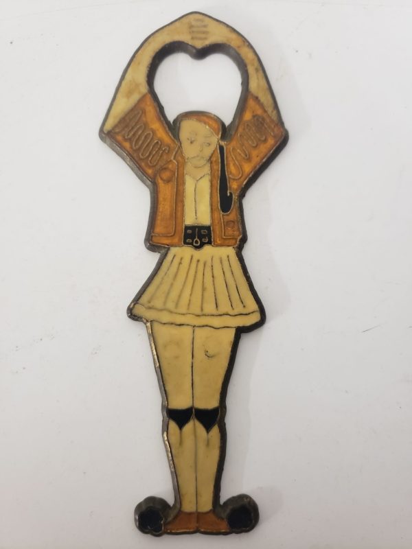Vintage Bronze Enamel Greek Male Dancer Bottle Opener, Gold Vest/Shoes