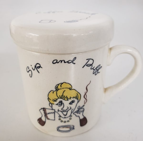 Vintage 1960s Japan Ceramic Sip and Puff Ashtray Coffee Mug w/ Ashtray Lid