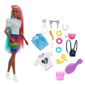Barbie Leopard Rainbow Hair Doll With Color-Change Hair Feature, 16 Accessories