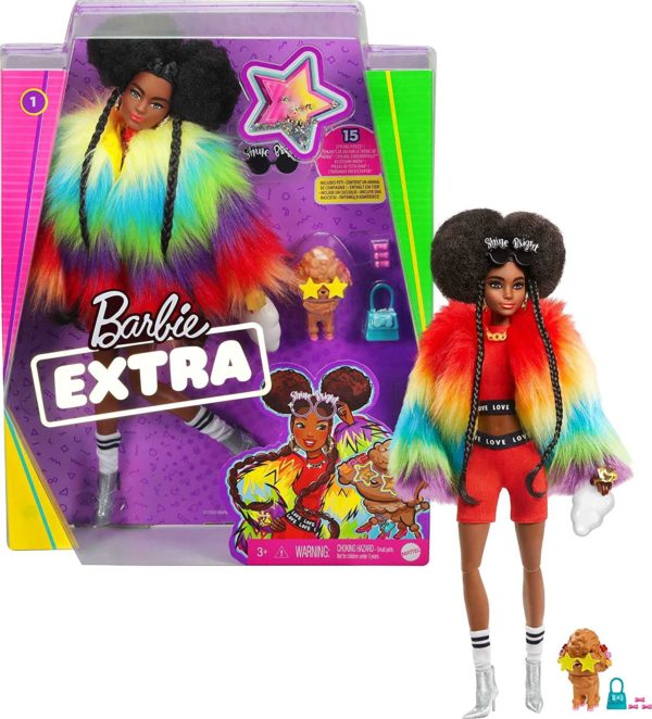 Barbie Extra Doll #1 in Furry Rainbow Coat with Pet Poodle, Brunette Afro-Puffs with Braids, Including ‘Shine Bright’ Sunglasses, Multiple Flexible Joints