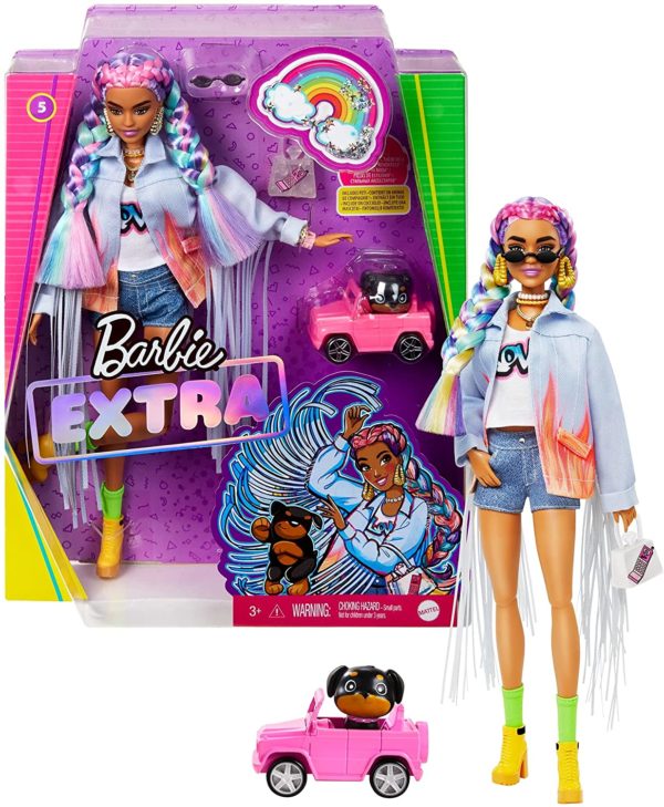 Barbie Extra Doll #5 in Long-Fringe Denim Jacket with Pet Puppy, Rainbow Braids, Layered Outfit & Accessories Including Car for Pet, Multiple Flexible Joints