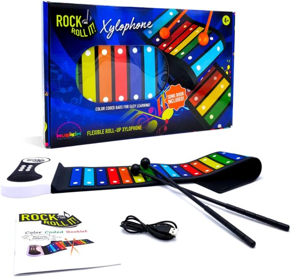 Rock and Roll It – Rainbow Xylophone. Portable & Flexible Standard Size Electronic Pad with 22 Color Coded Bars & Song Booklet. USB or Battery Powered, Built-In Speaker & Audio Output Support
